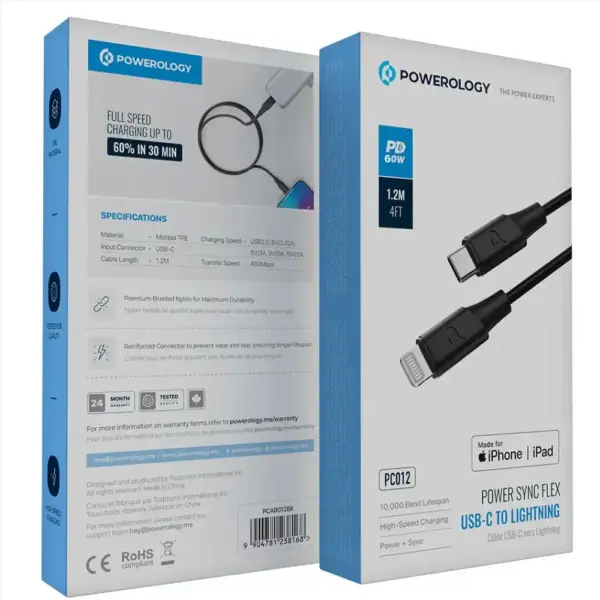 POWEROLOGY POWER SYNC FLEX USB-C TO LIGHTNING CABLE 60W 1.2M | PC012 BLACK